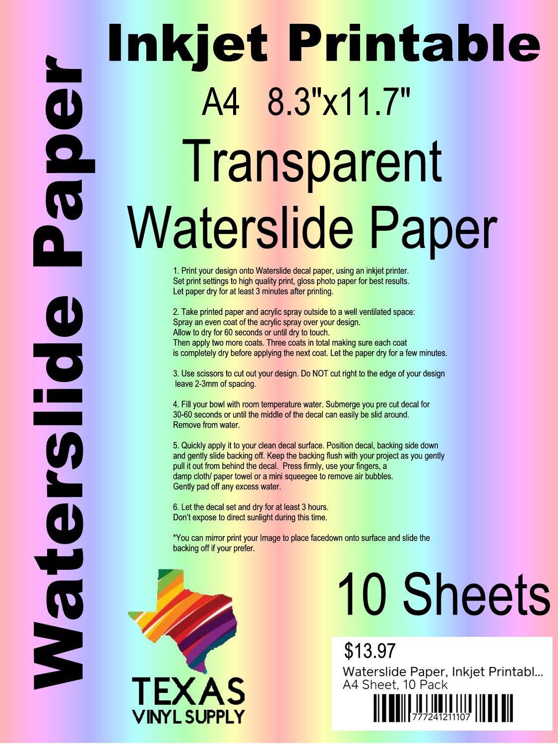 Waterslide Paper, Inkjet Printable, A4