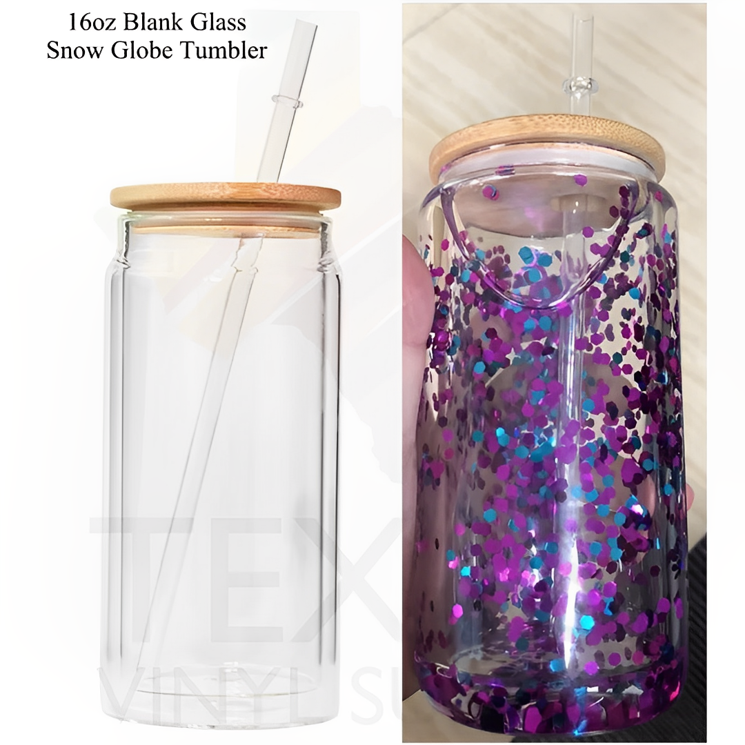Glass Snow Globe Sublimation Tumbler w/Lid & Straw, Pre-drilled